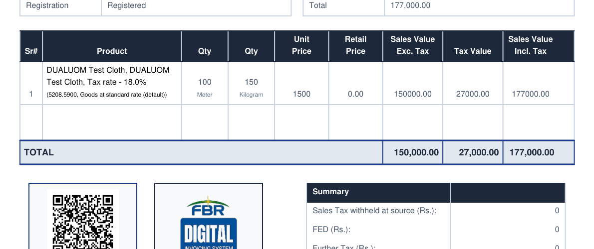 Invoice with two quantity columns, meters and kilograms
